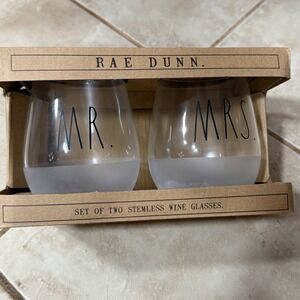 NIB Rae Dunn "MR." and "MRS." Stemless Wine Glass Wedding Anniversary‎ Gift Set